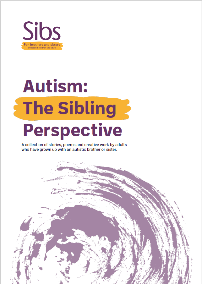 Front cover of 'Autism: The Sibling Perspective', White background with light purple artistic swirl.