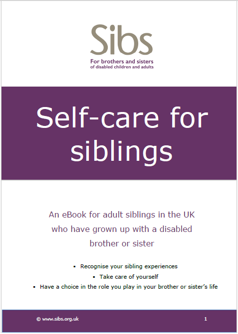 White and purple front cover of eBook, title reads 'Self-care for siblings'