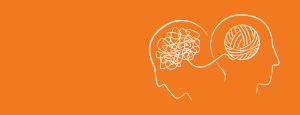 Orange banner. White silhouette of two heads, one helping the other untangle the thoughts in their brain